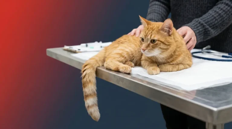 Cat with limp drooping tail on vet table showing cat tail injury signs