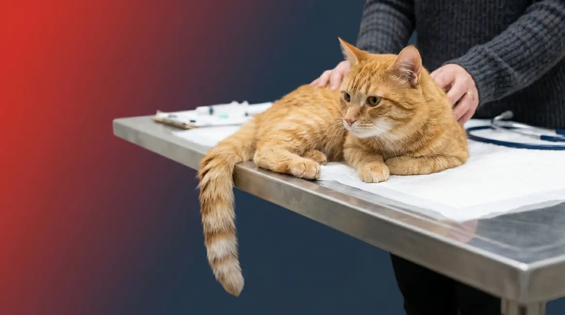 Cat with limp drooping tail on vet table showing cat tail injury signs