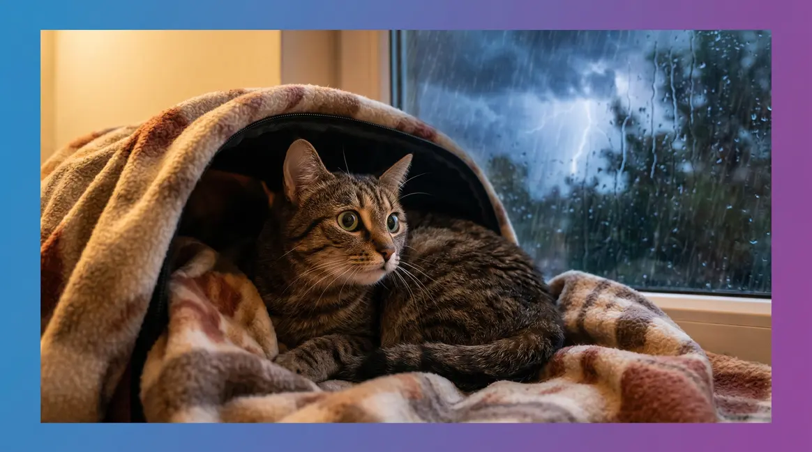 Frightened cat hiding in safe carrier while thunderstorm rages outside the window
