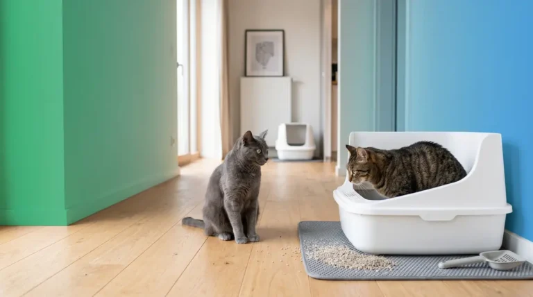 Two cats near a shared litter box in a multi-cat home showing territorial tension