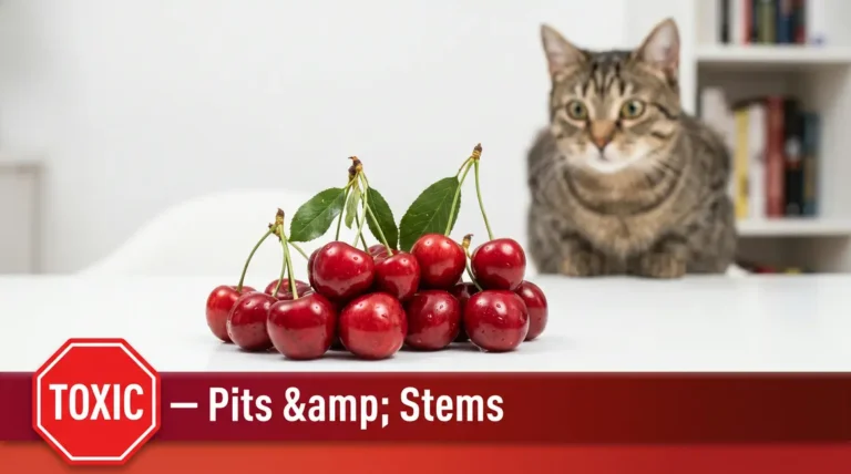 Are cherries toxic to cats — fresh cherries with stems and leaves beside a curious cat