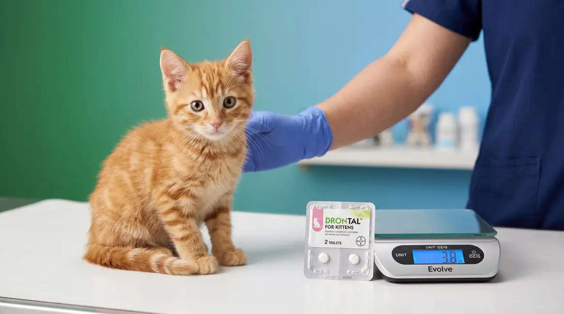 Drontal for kittens dosage guide showing kitten beside dewormer tablet and scale