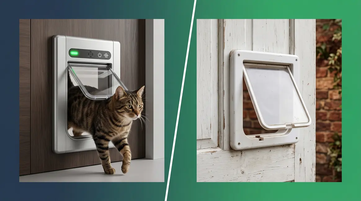 Electronic cat door vs cat flap side-by-side comparison showing microchip lock and traditional flap