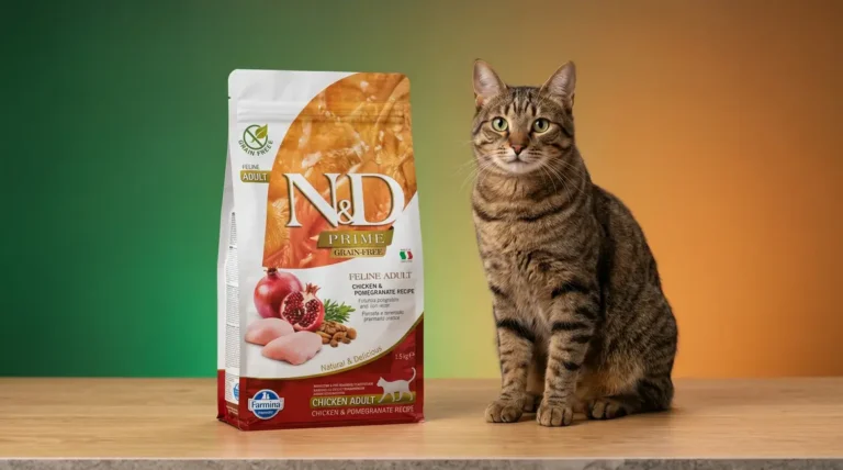 Farmina N&D Prime Feline Adult dry cat food review featuring chicken and pomegranate formula bag