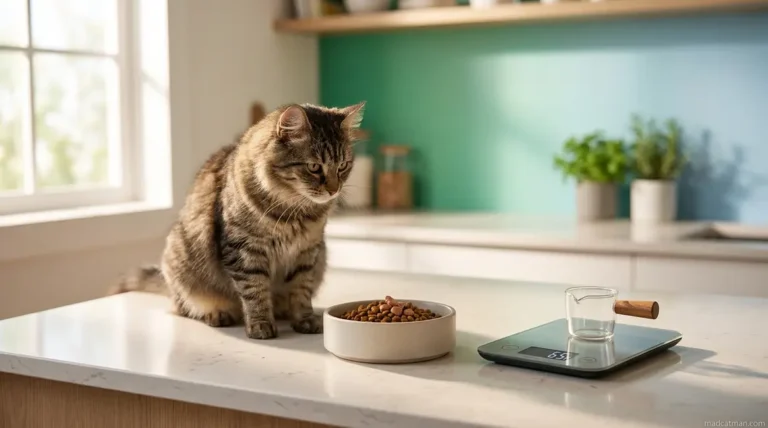 How much should I feed my cat — cat sitting beside measured food bowl on kitchen counter