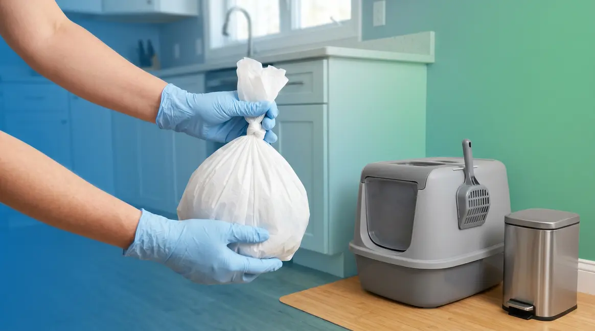Person safely disposing of cat litter using sealed bag and proper technique at home