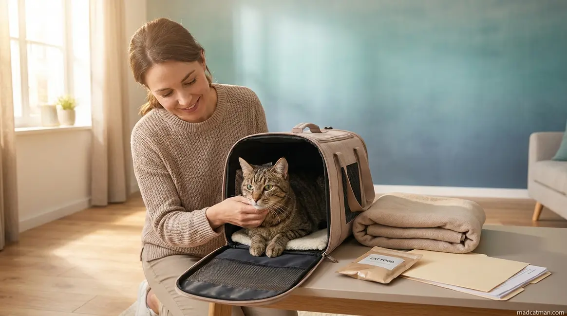 How to rehome a cat responsibly — owner preparing a handover kit with carrier and records