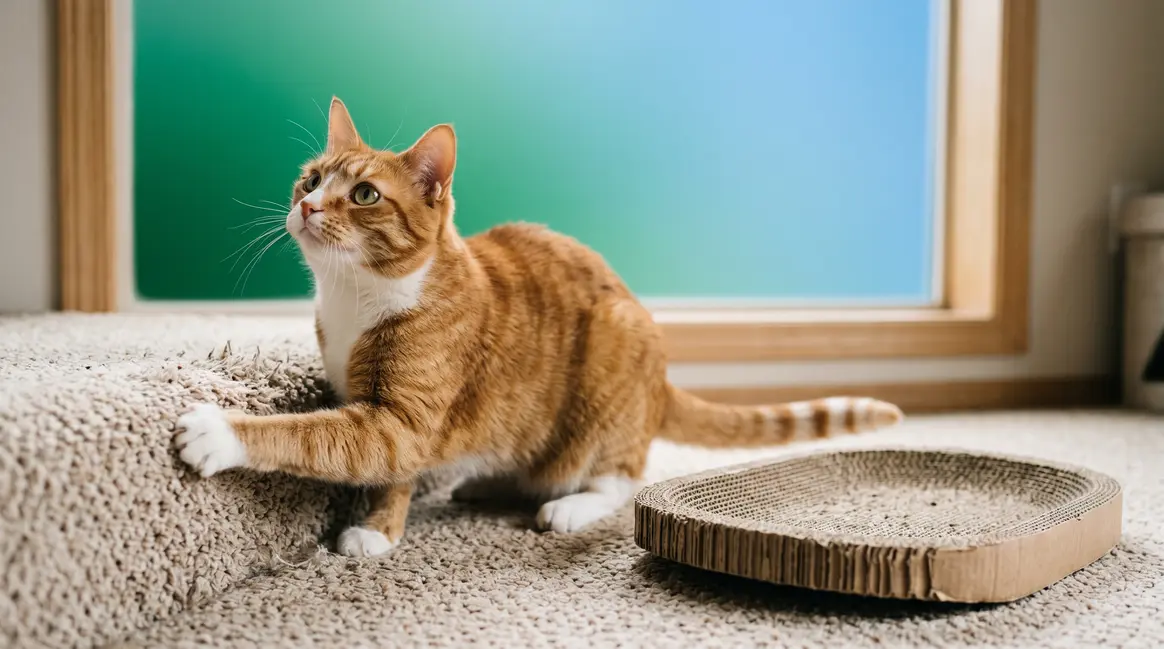 How to stop cat scratching carpet — tabby cat pausing at carpet edge beside a horizontal cardboard scratcher