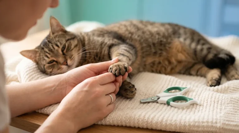 Person gently trimming cat claws at home using cat nail clippers on relaxed cat