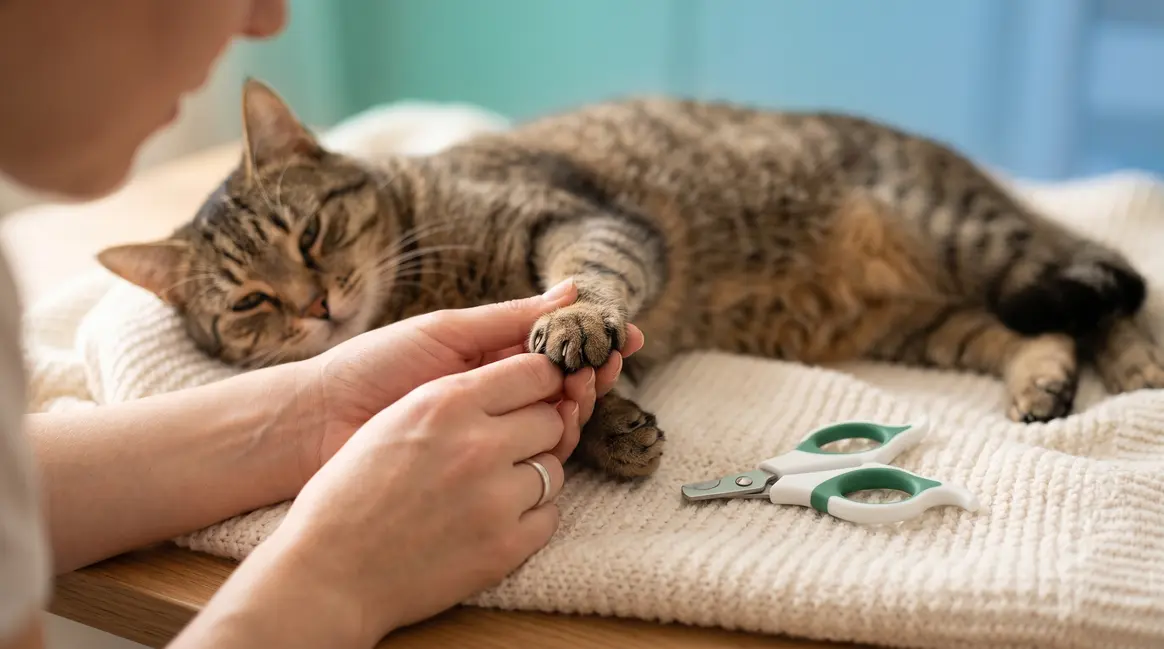 Person gently trimming cat claws at home using cat nail clippers on relaxed cat