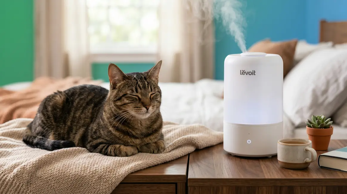 Are humidifiers safe for cats — calm cat resting near a cool mist humidifier indoors