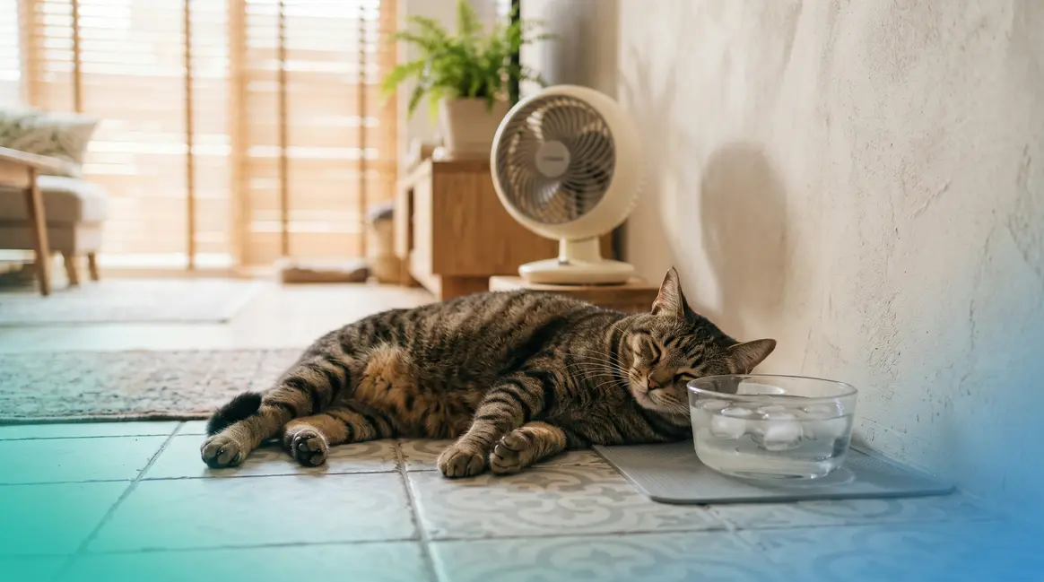 How to keep cats cool in summer — tabby cat resting on tile floor with ice water bowl