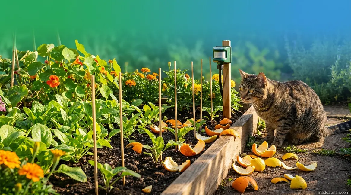How to keep cats out of garden using citrus peels, bamboo skewers, and motion-activated sprinkler deterrents