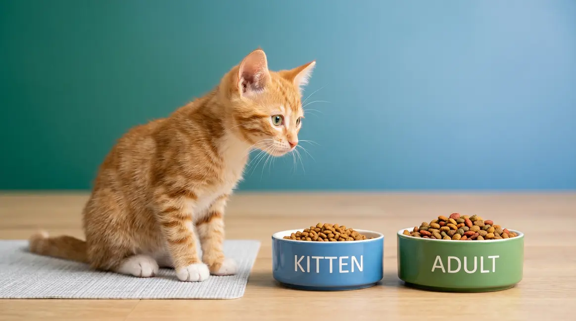Kitten sitting beside kitten and adult cat food bowls on green and blue background