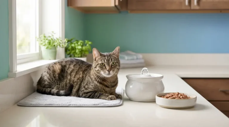 Healthy cat beside water fountain illustrating how to prevent kidney disease in cats