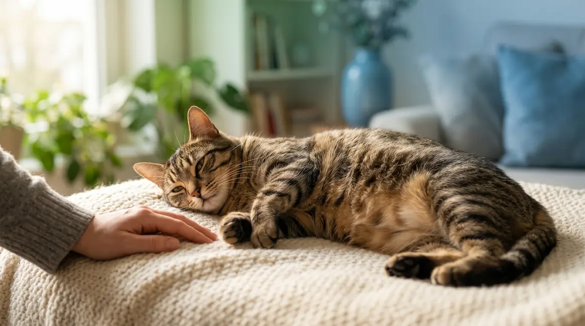 Signs my cat is pregnant — a visibly pregnant cat resting on a soft blanket at home
