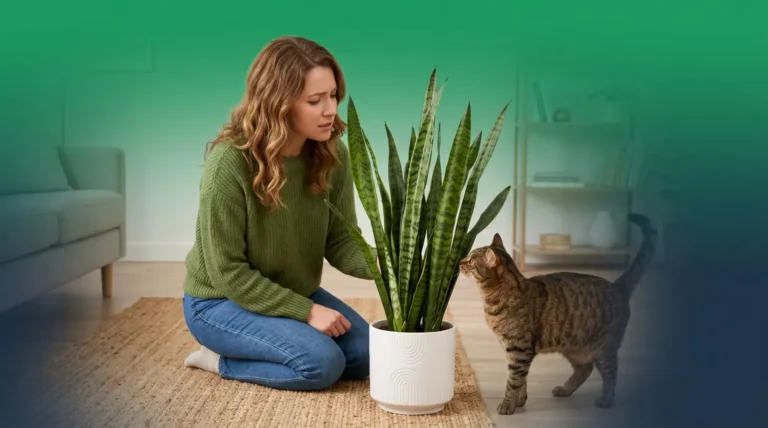 Are snake plants toxic to cats — tabby cat beside Sansevieria plant in modern living room