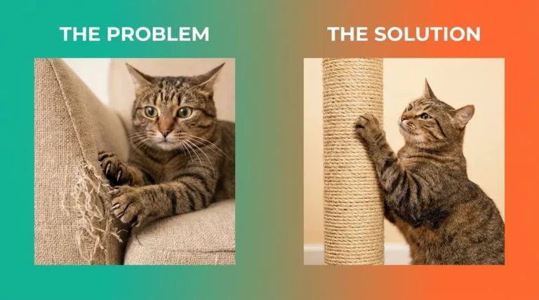 Cat scratching furniture next to a sisal post showing how to stop the behavior