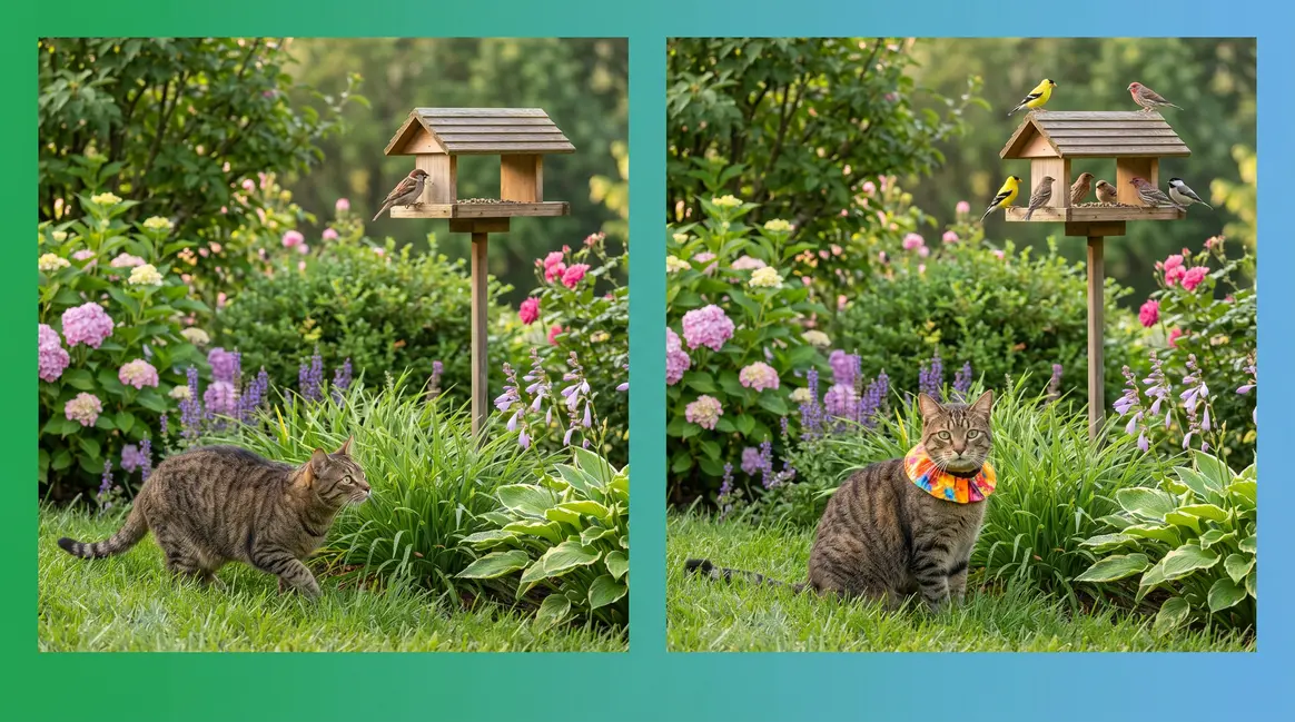How to stop cats killing birds — cat wearing BirdsBeSafe collar near garden bird feeder