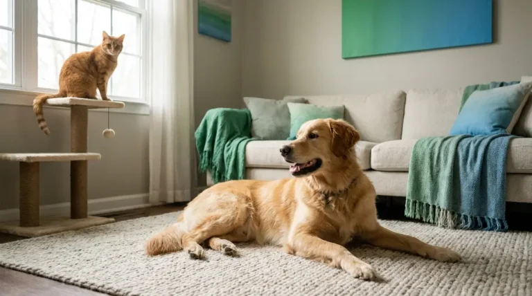 Dog lying calmly near a cat on a cat tree indoors, illustrating how to stop dog chasing cat indoors