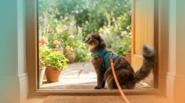 Cat wearing a teal harness on a lead sitting at an open garden door ready to walk