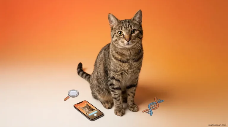 What breed is my cat — tabby cat with magnifying glass and DNA test icons on orange background