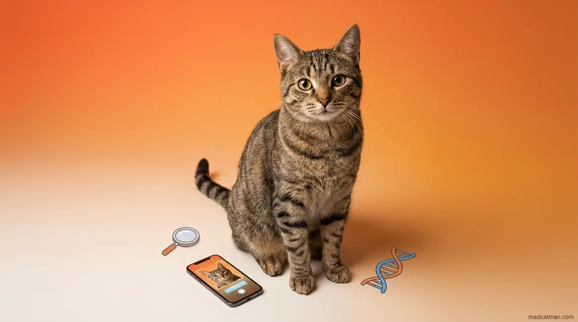 What breed is my cat — tabby cat with magnifying glass and DNA test icons on orange background