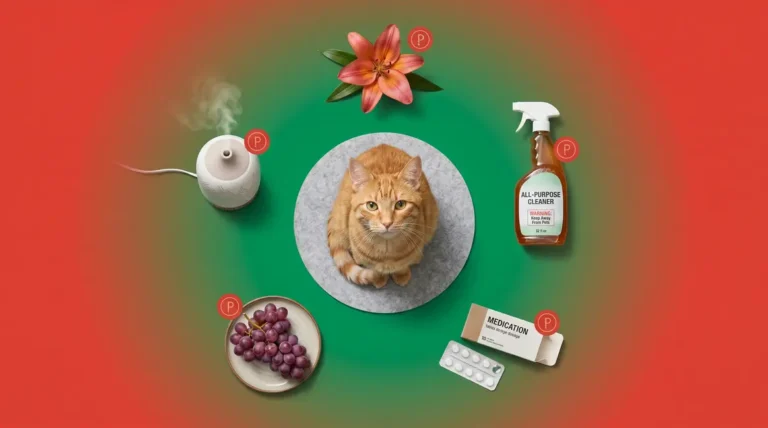What is toxic to cats — tabby cat surrounded by common household poisons including lilies, pills, and cleaners