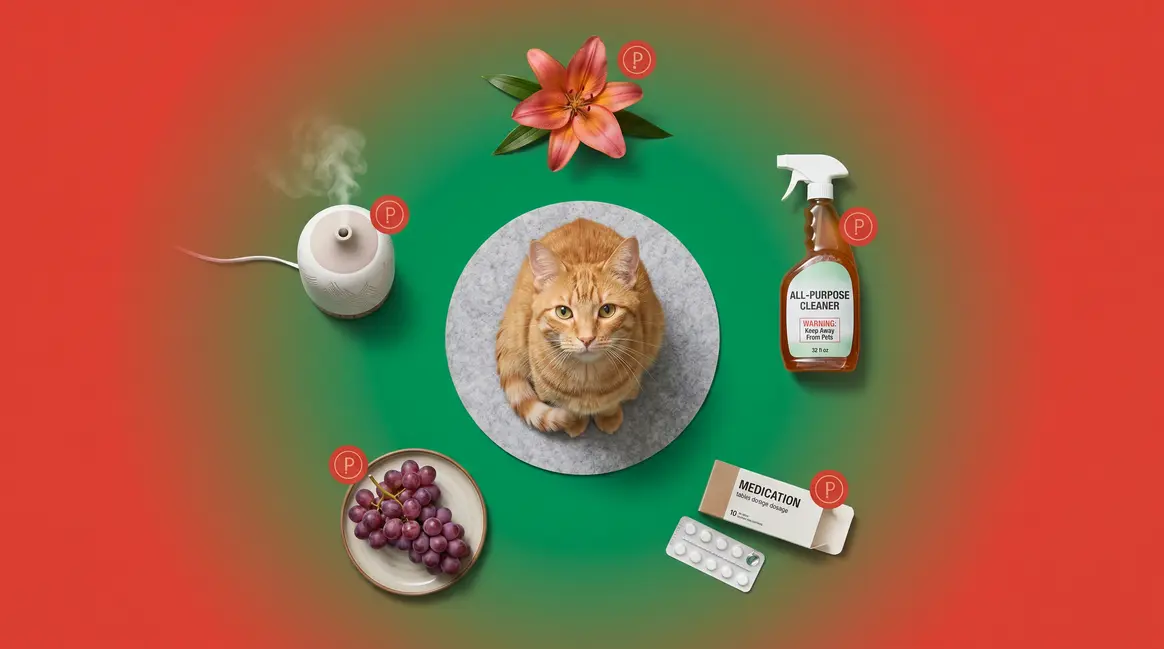 What is toxic to cats — tabby cat surrounded by common household poisons including lilies, pills, and cleaners