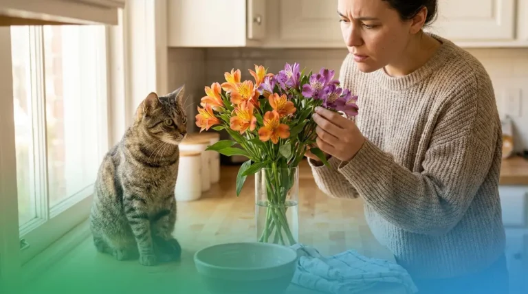Is alstroemeria toxic to cats — tabby cat near Peruvian Lily bouquet on kitchen counter