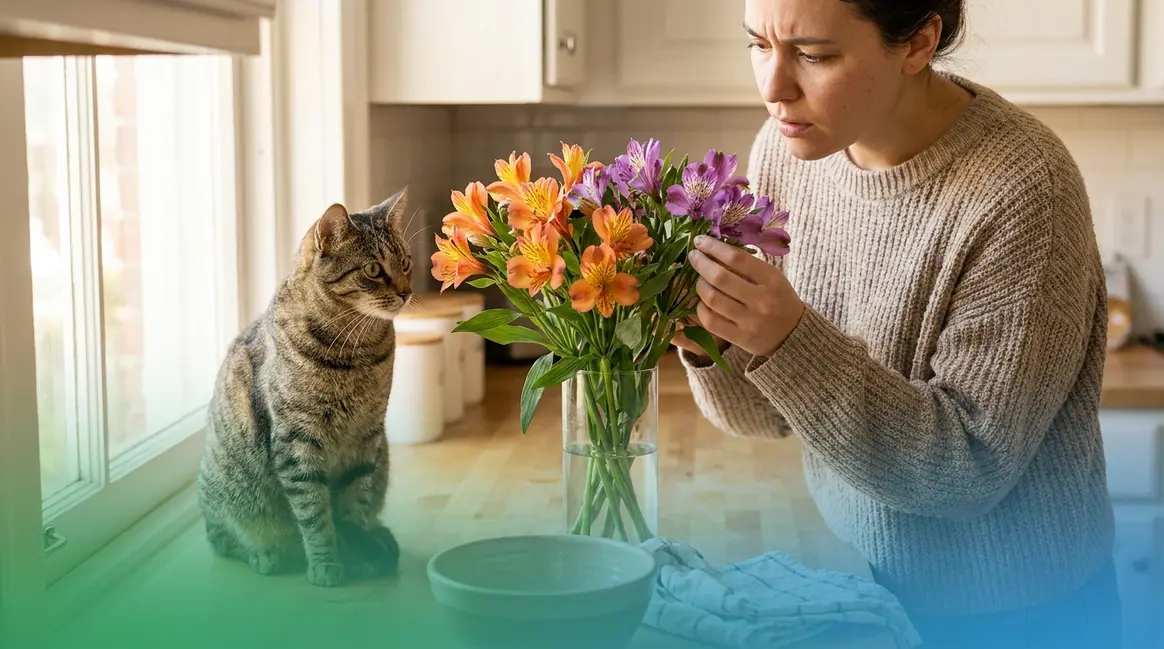 Is alstroemeria toxic to cats — tabby cat near Peruvian Lily bouquet on kitchen counter