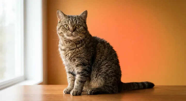 American Wirehair cat breed full body portrait showing distinctive wiry crimped coat and crinkled whiskers