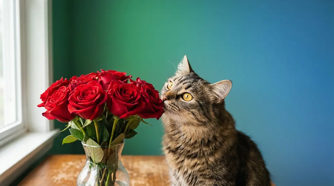 Are roses safe for cats — curious cat sniffing red roses in glass vase