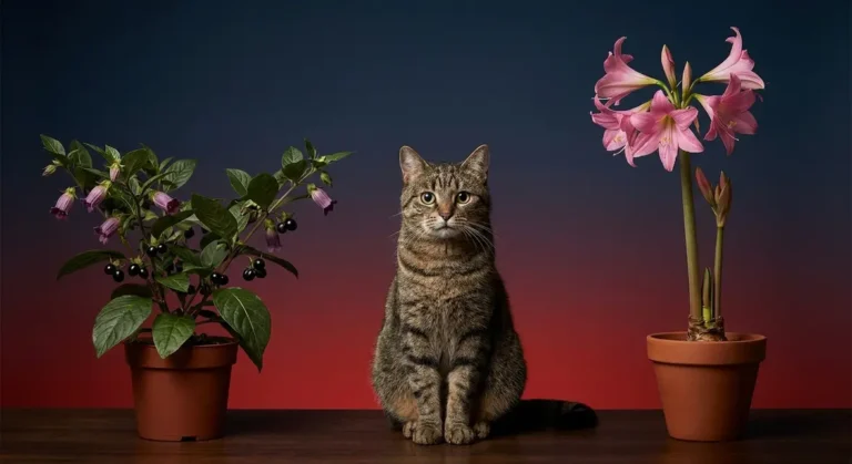 Is belladonna toxic to cats — tabby cat beside deadly nightshade and belladonna lily plants