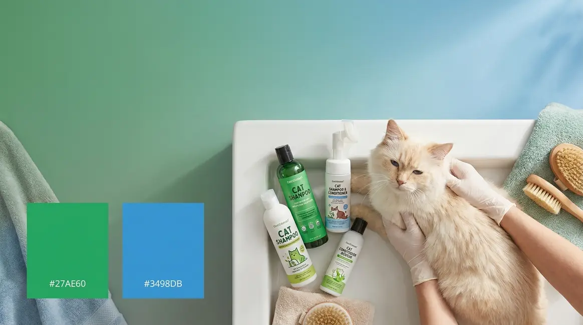 Best cat shampoo bottles arranged beside a fluffy domestic cat ready for grooming