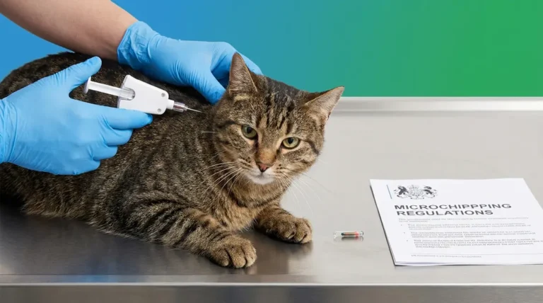 Cat microchipping law England — vet implanting microchip in tabby cat at UK clinic