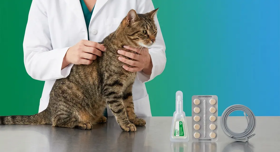 Veterinarian examining a cat next to three types of flea treatment products on a clinic table