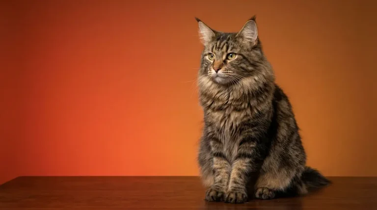 Female Maine Coon cat with lynx-tipped ears and neck ruff displaying breed traits