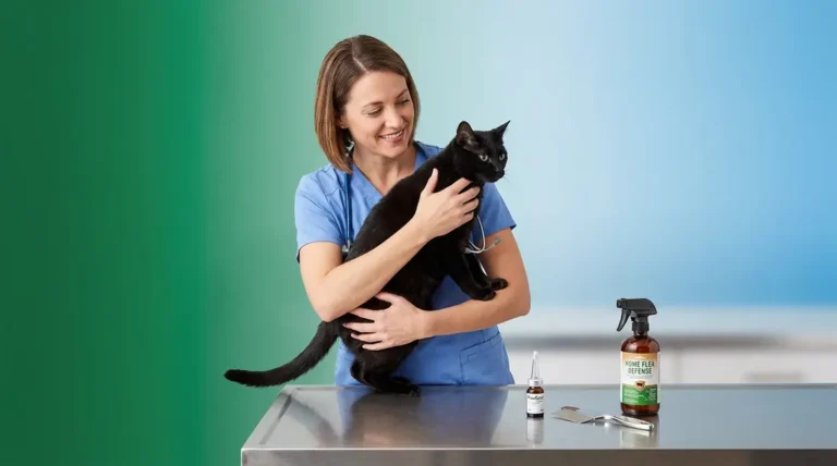 Vet holding a cat next to flea control treatment products for complete flea control in cats
