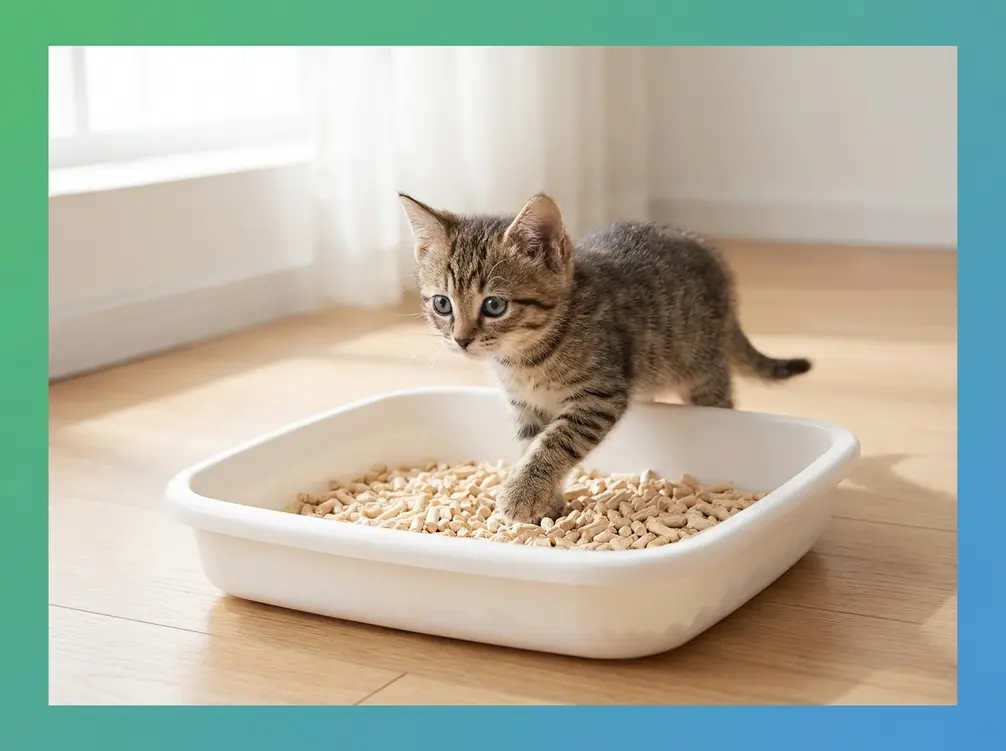 Young tabby kitten stepping into a shallow open-top litter box for the first time during litter training