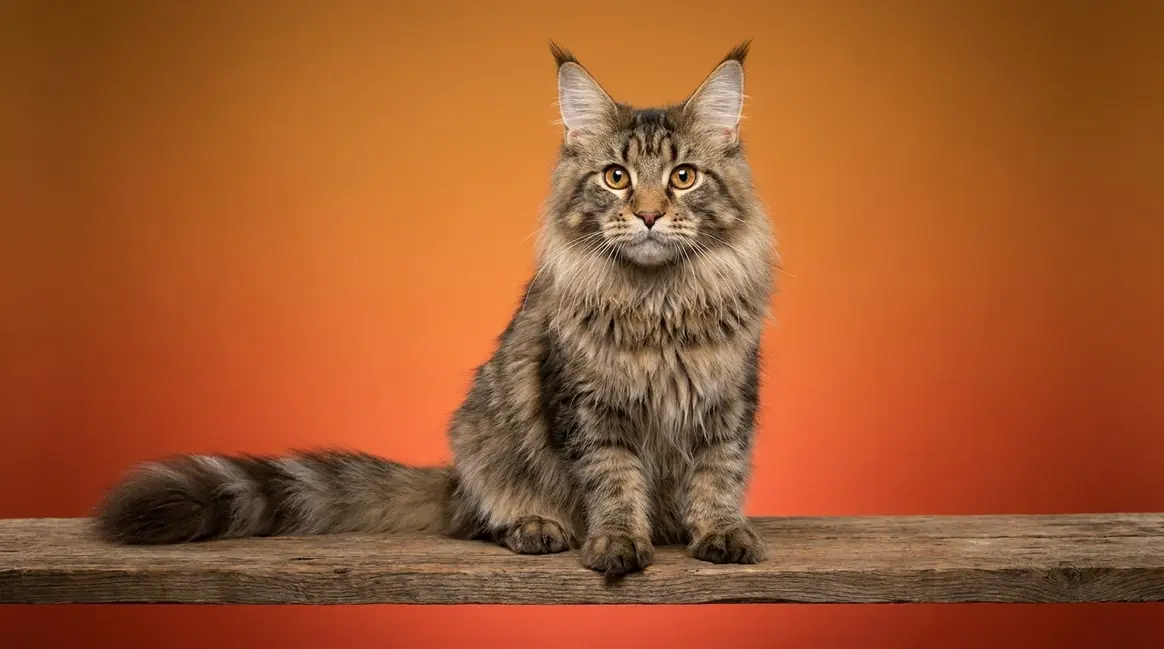 Maine Coon cat showing classic characteristics including tufted ears, shaggy coat, and snowshoe paws