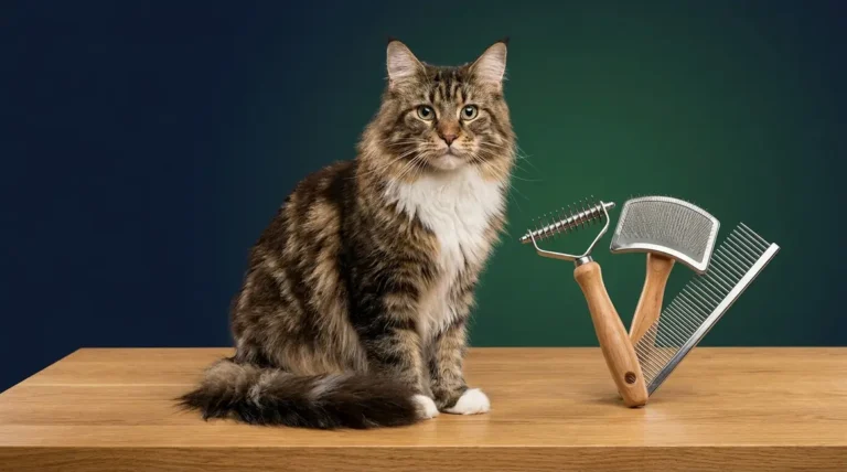 Maine Coon cat with thick double coat sitting beside undercoat rake, slicker brush, and metal comb grooming tools