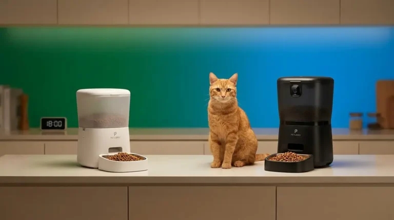 Petlibro automatic cat feeder lineup showing camera and standard models on kitchen counter with cat