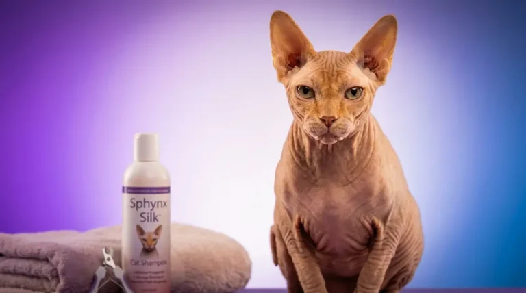 Sphynx cat care guide featured image showing hairless cat with grooming supplies