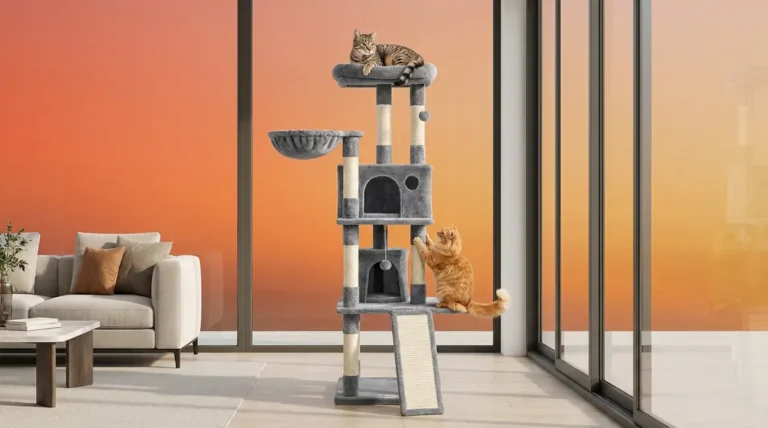 Yaheetech cat tree review featuring two cats using perches and sisal scratching posts