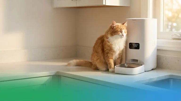 Healthy cat sitting beside automatic cat feeder showing scheduled meal benefits