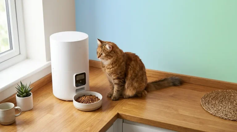 Best automatic cat feeder UK — tabby cat beside a white hopper feeder on a kitchen counter