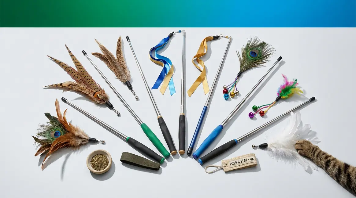 Best feather cat toys UK — selection of wand teasers and feather attachments for indoor cats