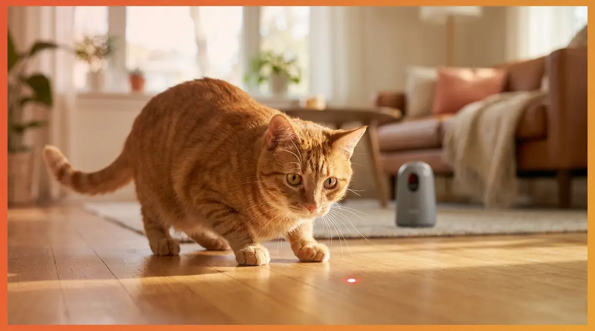 Ginger tabby cat chasing red laser dot from best laser cat toy UK on wooden floor