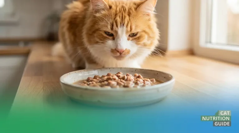 Cat eating best wet cat food UK from a ceramic bowl in a bright kitchen